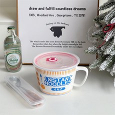 스타일 세라믹 손잡이 전자레인지용 뚜껑 대용량 기숙사용 그릇 국수 투명 학생, 18 식 라면 컵 파란색 PVC 뚜껑 숟가락과 젓가락