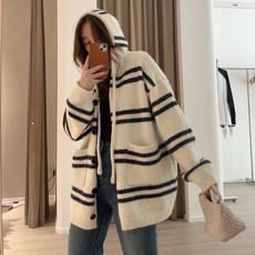 추동 한국판 스트라이프 후드 임산부 니트 코트 루즈핏 나른한 나른한 스타일 니트 카디건