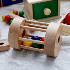 蒙氏木製彩虹滾動鼓，嬰幼兒早教玩具，實木安全無毒，激發聽覺視覺發展, 原木滾動鼓【櫸木】, 1個