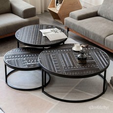 北歐實木茶幾邊幾組閤桌客廳創意輕奢鵰花複古簡約現代茶幾, 直徑65高度35cm（小）,整裝, 1個