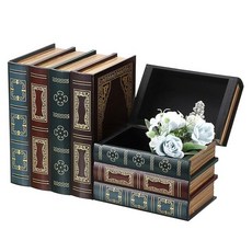 Hoowen 장식용 책 상자 2팩 뚜껑이 있는 나무 빈티지 책 모양 장신구 상자 숨겨진 보관 공간이 있는 인조 스택 할로우 북 테이블 센터피스 책장 도서관 장식용 앤티, 파란색 바닥