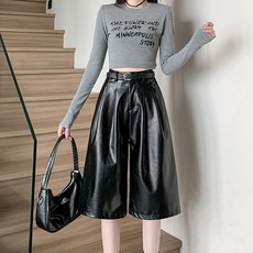 큐롯팬츠 가을 가죽 블랙 레자반바지 레더버뮤다팬츠