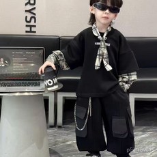 Mini男童拼接黑色衛衣假兩件套2025新款兒童春秋洋氣衛衣套裝中大童韓系潮流風