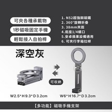 多功能磁吸手機支架 隨處夾 360度旋轉折疊 N52強磁 支援自拍桿 旅行追劇 輕巧便攜 深空灰, 1個, 【現貨】深灰色 折疊收納超便攜　, 銀色灰色, 【現貨】深灰色《折疊收納超便攜》