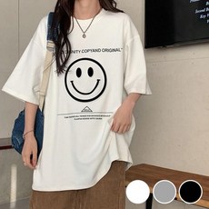 귀여운 스마일 영문 레터링 반팔 티셔츠 흰티 빅사이즈 여름 롱티셔츠 면티 여성 오버핏