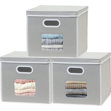 뚜껑이 있는 패브릭 투명 창문 큐브 30.5cm x 30.5cm(12 12인치) 보관함 3팩 그레이 128938, 2-회색