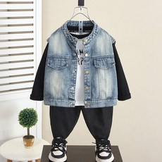 AA4339 남아 키즈 주니어 초등 아동 가을 봄 간절기 면 혼방 청 데님 하이넥 조끼 베스트 데일리 자켓 아우터