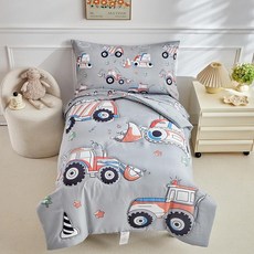 JHXHMX 4피스 유아 침구 세트 여아용 그린 플로럴 유아 이불 세트 부드러운 아기 침대 시트 세트에는 퀼트 이불 매트리스 커버 플랫 탑 시트 및 봉투 베개 커버 포함, 그레이 굴삭기