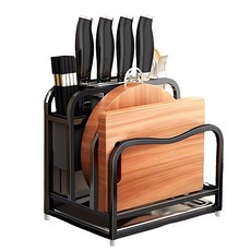 不鏽鋼烤漆黑多功能刀具砧板架，廚房收納置物架，刀具砧板餐具瀝水架, 1組, 不鏽鋼黑色