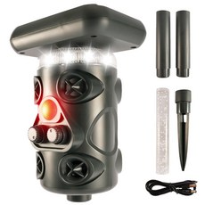 RYNOVEX 360도 태양열 충전 야생동물 퇴치기 4중강력 모드 적외선탐지/초음파/LED섬광/4개스피커 경보음 감광 야간조명 겸용 방수방진 30여종 동물 멧돼지 두더지 고라니