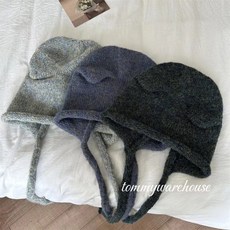 韓國貓耳造型毛帽 - 可愛綁帶針織護耳保暖毛線帽