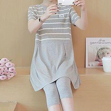 ROYALBELLE 임산부 투피스 스트라이프 반팔 플레어 원피스 7부 레깅스