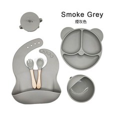 矽膠兒童餐具六件套組, 菸灰色 - 木柄貓耳朵 - 6件套裝, 1個, 無