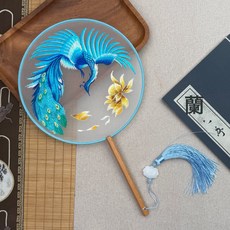DIU 古風扇子刺繡扇子牡丹花鳥繡花扇工藝扇中國風團扇蝴蝶, 1個, (雙面繡帶流蘇)鳳穿牡丹:如圖