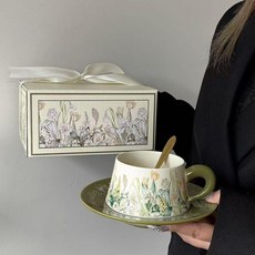 油畫復古花春日氣息咖啡杯碟伴手禮杯子馬克杯高級感女生禮物台灣熱銷, 綠色風鈴花杯碟禮盒裝, 1個