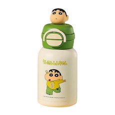 杯具熊BEDDYBEAR蠟筆小新雙飲保溫水壺，316不鏽鋼兒童吸管水杯，可愛卡通造型，附揹帶, 白綠色 款式：綠意小新, 1個, 600ml