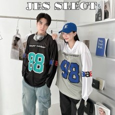 JES 韓國美式球衣 網眼拼接撞色88號長T，親膚透氣潮流情侶款長袖T恤