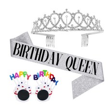 Dubom Birthday Queen 生日頭飾+肩帶+3只派對眼鏡套組生日派對用品, 銀色