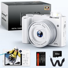 사진 및 비디오 자동 초점용 4K 디지털 카메라 48MP 동영상 블로깅 3'' 180 크리스마스 선물용 플래시가 포함된 플립 스크린, DC218-WHITE-32G, 1개