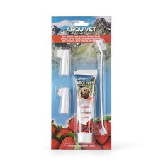 寵物牙膏 寵物牙刷 貓咪牙膏 狗狗牙膏 寵物潔牙套組 附3刷頭 寵物潔牙 寵物口腔清潔 狗狗洗牙 狗牙刷 貓咪牙刷, 1個, 草莓味（100g）+3刷頭