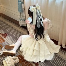 女童超仙設計感蝴蝶結小飛袖公主蓬蓬裙大學生夏甜美初戀收腰短裙