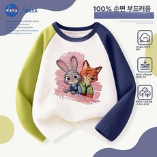 주토피아 캐릭터 맨투맨 자수 티셔츠 면 면티 키즈 오버핏 긴팔티 아동 남아 순면 주디 닉, 1개, TTZ0857 그린 다크네이비와 애프리콧