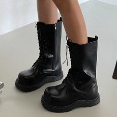 채진담 [굽3cm/230~250] 통굽 미들 워커 부츠 라운드 스트링 끈 지퍼 키높이 가보시 플랫폼 높은 가죽 베리-신발