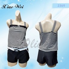 泳之美品牌 黑白條紋二件式連身泳褲裝 (M-XL) 小薇的店, XL
