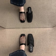 COSYEVNO 여성용 메쉬 소재 스퀘어토 플랫 뮬 샌들 LFHtx-4