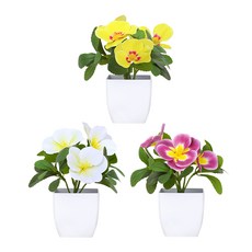 BloomLife 고급 리얼 인공 팬지 화분 3종 세트 15cm 미니 사이즈 인테리어 선물용 영구화분 방/욕실/책상 인테리어 장식 관리 필요 없는 영구 꽃, 1세트, 3종 세트 (흰색+노란색+분홍색)