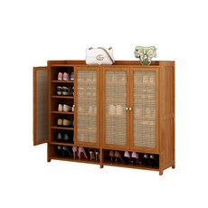 實木竹多層鞋架鞋櫃：防塵透氣、門口鞋子收納、玄關鞋櫃收納櫃, 塑藤門透氣鞋櫃4門8層, 茶色, 8層