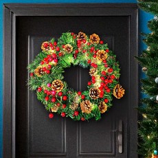 摩達客14吋豪華綠色聖誕花圈，豐盛紅金系裝飾，含3米鈴鐺松果暖白光USB燈串，營造溫馨節慶氛圍, 1個