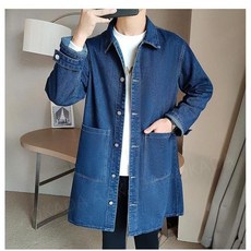 AOKADA 남성 봄 가을 데님 트렌치 코트 캐주얼 루즈핏 카라넥 하프 청자켓