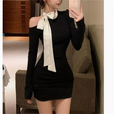 cammello 리본타이 블랙 언발트임 슬림핏 긴팔 미니원피스 데이트룩 파티룩