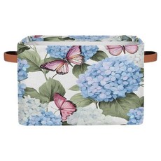 YPPAHHHH 블루 수국 꽃 정리용 보관 바구니 패브릭 접이식 상자 핑크 나비 장식 장난감 정리함 바구니 옷장 선반 선물 1개