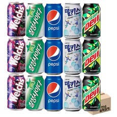 뚱캔 5종 15입 세트 ( 웰치스 포도 3 칠성 사이다 3 펩시 콜라 3 롯데 밀키스 마운틴듀 3 ) 음료 세트, 15개, 355ml