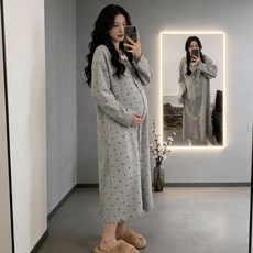 봄 가을 임산부 긴팔 잠옷 원피스 임부 얇은 도트 편안한 실내복 롱 원피스 간절기용 JS