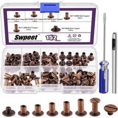 SWPEET 152피스 원형 제본용 6MM M5X5MM 플랫 10MM 리벳 가죽 펀치 나사 스터드 8MM 12MM 모음 DIY 스크루 블랙 공예 드라이버, 레드 브론즈