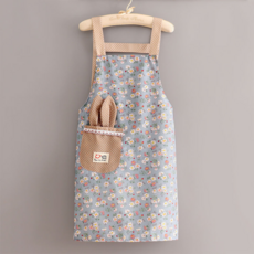 純棉長袖罩衣 可愛兔耳口袋設計 碎花圖案 防油污圍裙, 藍色碎花兔【背帶款】