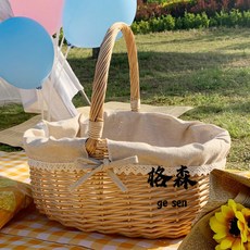 格森柳藤編野餐籃子ins購物籃編織手提玩具收納筐攝影禮品水果籃花籃, 1個, 原木色裸筐,小號