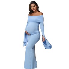 [ 1172587 ] JustVH 여성용 임산부 긴소매 오프숄더 임신 사진 드레스 베이비샤워 촬영 파티용 블루 L