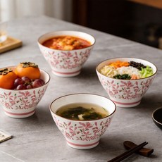 WHH 라면 그릇 우동 짬뽕 덮밥 냉면 면기 순수 도자기 면기 세트, 4개, 핑크