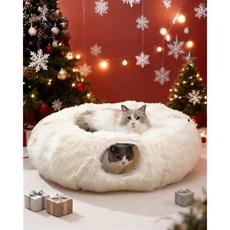 실내 고양이를 위한 그레라이프 고양이 터널 침대 크리스마스 트리 스커트 따뜻한 푹신한 플러시가 있는 도넛 장난감 미끄럼 방지 베이스 탈착식 쿠션 고양이 작은 애완동물에게, Cream white, 33.52", 1개