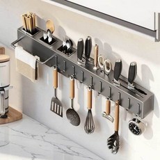 【開發票/統編】不銹鋼廚房掛鈎架 免打孔掛桿鍋蓋架 剷勺子刀架壁掛式置物架 承重力強防鏽耐用 節省空間整潔收納, 1個, 【30cm】帶1筷子筒+掛桿+掛鈎,特厚-承重陞級【槍灰色】