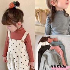 童裝 女童秋冬打底衫 兒童韩版内搭衣 洋氣 时尚 女宝宝刷毛 加厚 百搭 長袖T恤 中小童 高領木耳边打底衫H4