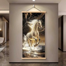 재물 황금 그림 두루마리 집 입구 재물운 인테리어 백마 말, 1개, 2. B 40x80 천연 나무색 족자