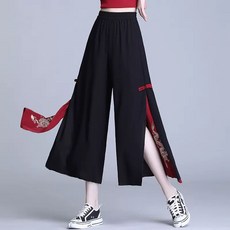 여성 와이드 팬츠 여름 루즈핏 쉬폰 9부 팬츠 개량한복 하이웨스트 댄스 바지 트임 치마바지