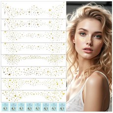 Wugbc 홀로그램 글리터 주근깨 얼굴 타투 - 8피스 오래 지속되는 방수 스파클 페이스 얼룩 패치 쉬운 적용 임시 액세서리 축제 메이크업용 212627, 6가지 스타일 골드 8장