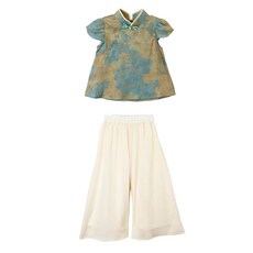2026春夏季新款鬆緊腰闊腿褲唐裝漢服兩件套新中式女童古風套裝