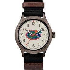Timex 남성용 대학 클러치 40mm 시계 - 앨라배마 크림슨 타이드 블랙 패브릭 및 브라운 가죽 스트랩 포함 Lsu Tigers 모던.